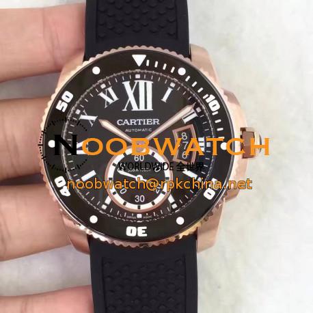 Replica Calibre De Cartier Diver W7100052 42MM TF Rose Gold Black Dial M9015