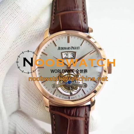 Replica Audemars Piguet Jules Audemars Tourbillon Grande Date 26559 TF Rose Gold Silver Dial Swiss AP Caliber 2909