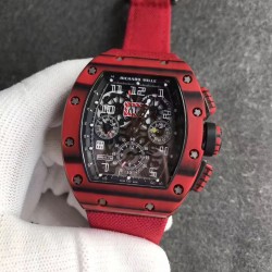 Replica Richard Mille RM011 Red QTPT Flyback Chronograph KV Red Forged Carbon Black Skeleton Dial Swiss 7750